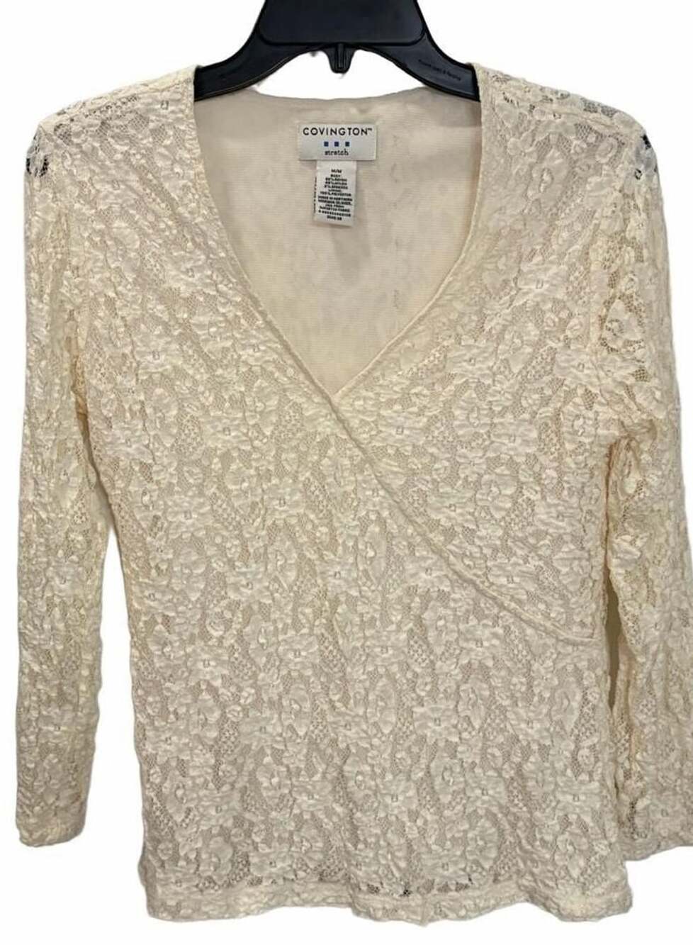 Covington Stretch Cream White Floral Lace Long Sleeve Wrap Top M